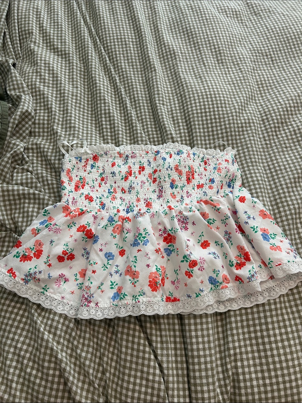 White Floral Smocked Peplum Too with Lace Trim
